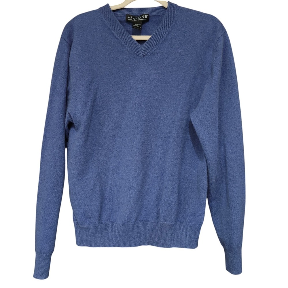 Giasone Men's L 100% 2-Ply Cashmere V-Neck Sweater Blue Pullover Long Sleeves